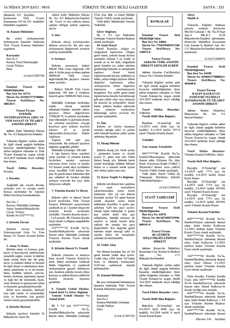 Enerjik AS Turkey Trade Registration Gazette